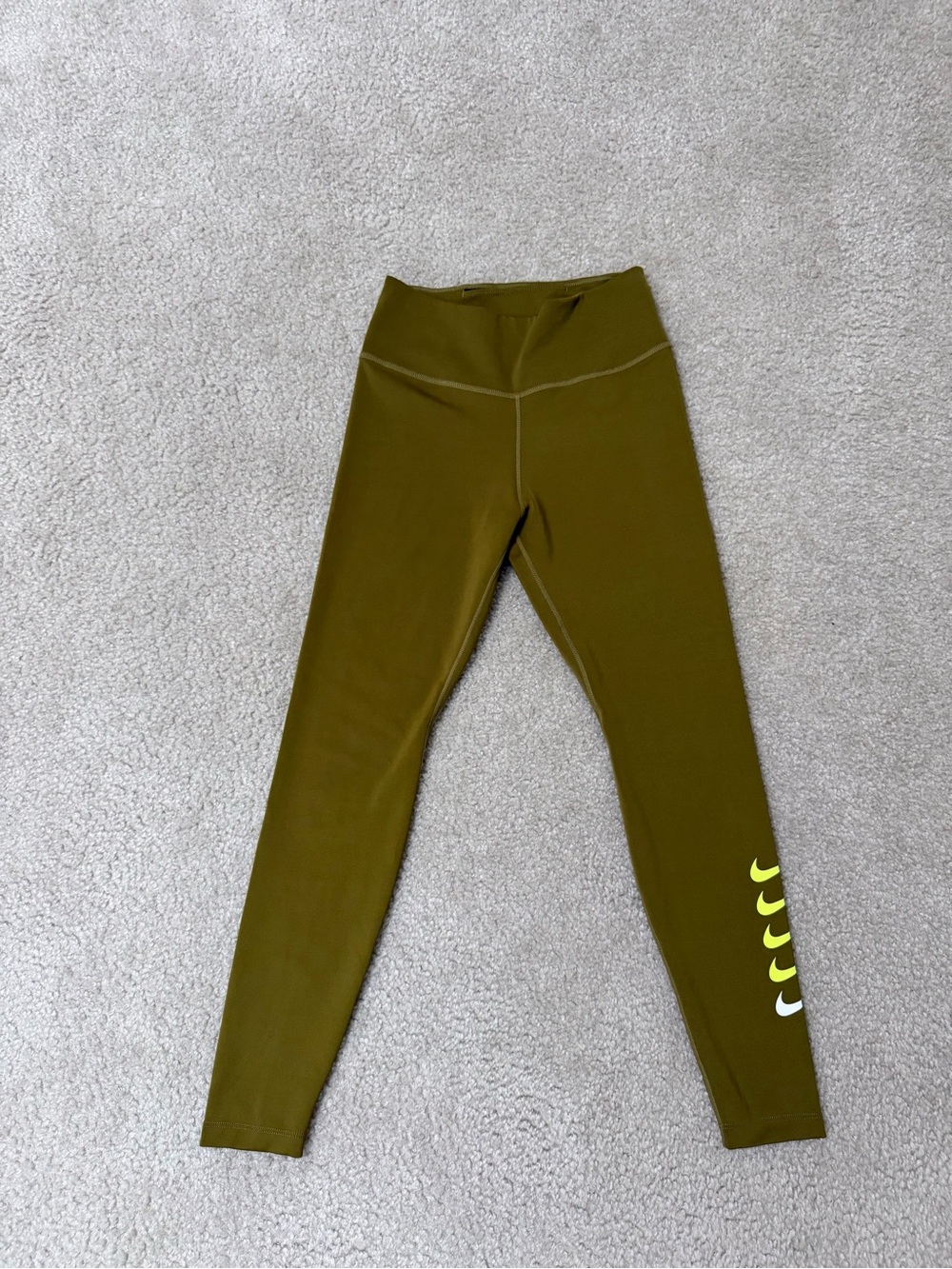 Nike Olive Green Leggings with Neon Swoosh Accent